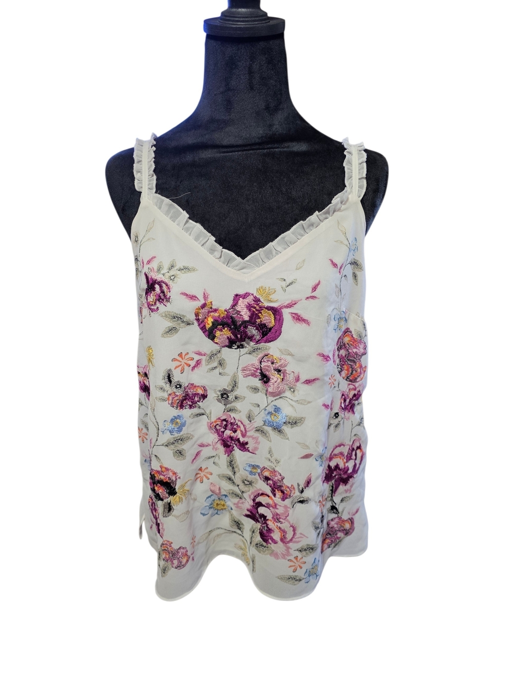 White House Black Market Ivory Floral Embroidered Ruffle-Trim Cami